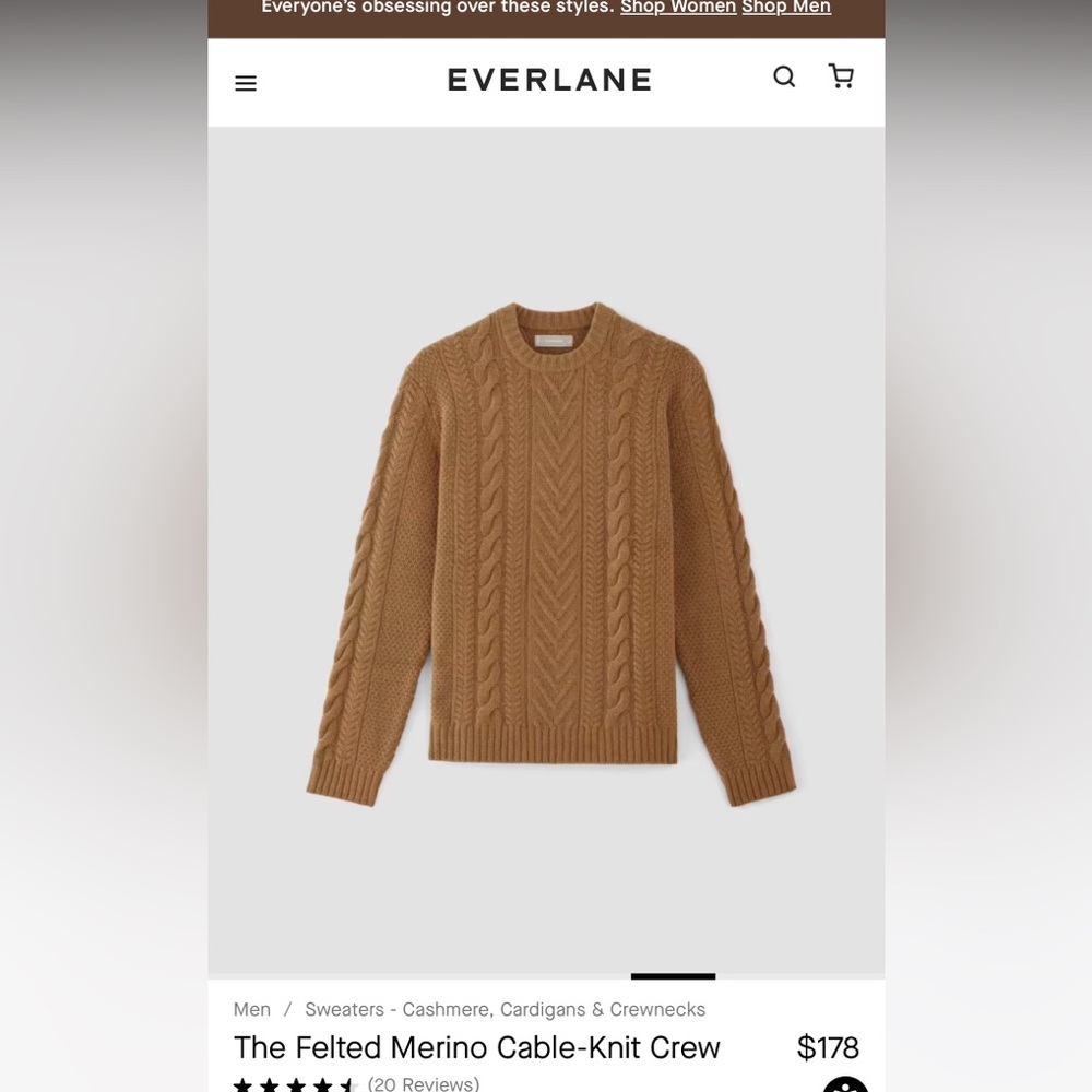 Everlane Felted Merino Cable-Knit Crew 100% Wool Size M NWOT